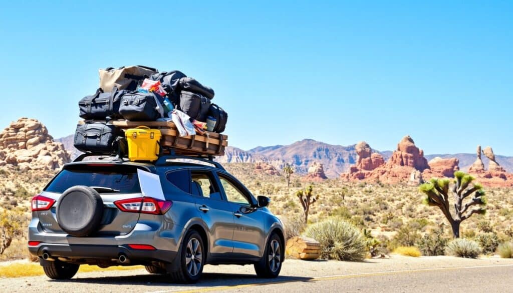 A blue SUV parked on a desert road is loaded with gear and backpacks on its roof rack. Red rock formations, Joshua trees, and distant mountains under a clear sky highlight nature’s wonders on this park road trip adventure.
