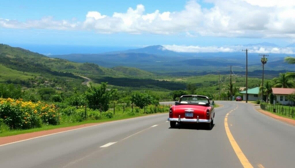 A red vintage convertible car cruises along Scenic Routes through Maui Upcountry’s lush green hills, with mountains and the ocean beyond. A house with a green roof sits roadside, surrounded by tropical plants and flowers under a partly cloudy blue sky.