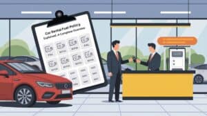 Two men in suits stand at a car rental counter exchanging car keys. A red car is parked nearby, and a large clipboard provides an overview of different fuel policy options. The bright, modern showroom features large windows and several parked cars.