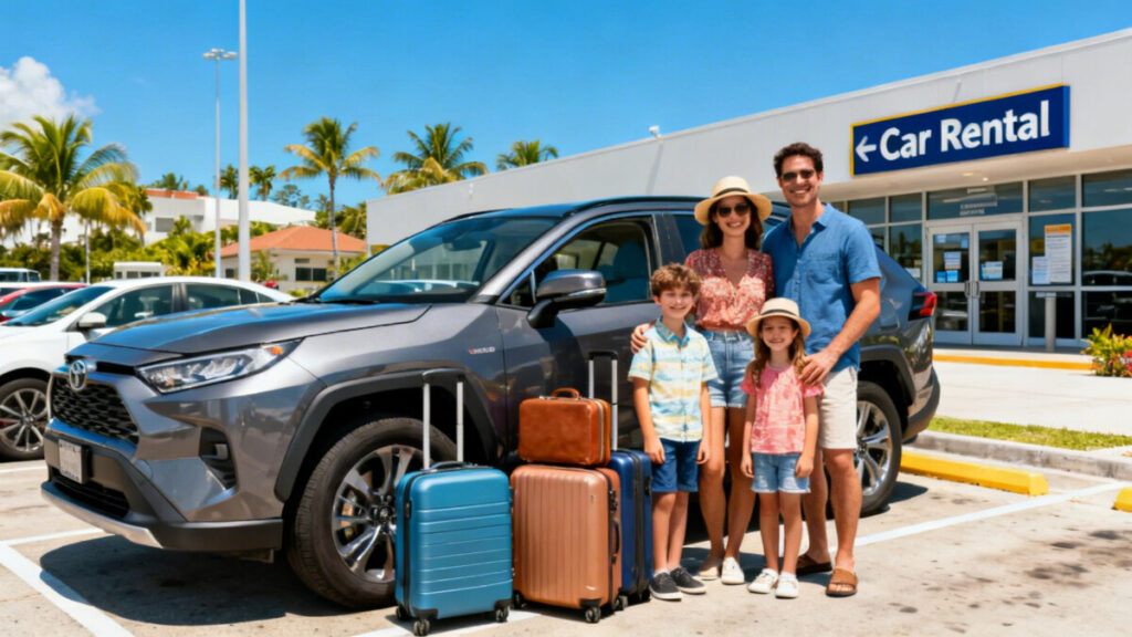 A smiling family of four in summer clothes and hats stands in front of a gray SUV with three suitcases, ready for their family vacation. Palm trees, blue sky, and a “Car Rental” sign set the perfect scene outside a car rental building.
