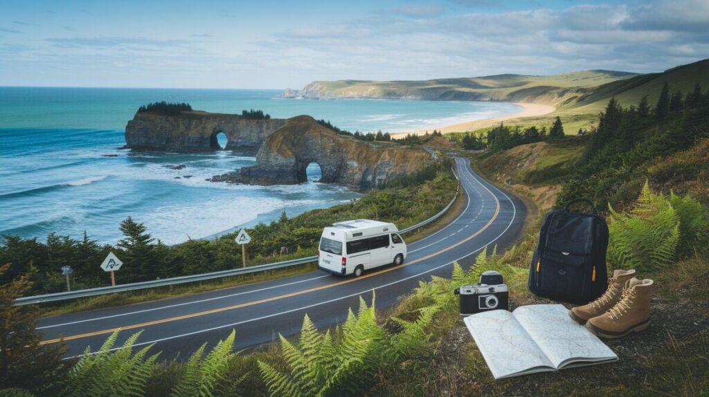 A winding coastal road on the Coromandel Peninsula leads to a scenic rock arch in the sea. A white van drives along, ready for a classic New Zealand road trip. In the foreground are a map, camera, backpack, and boots on green ferns.