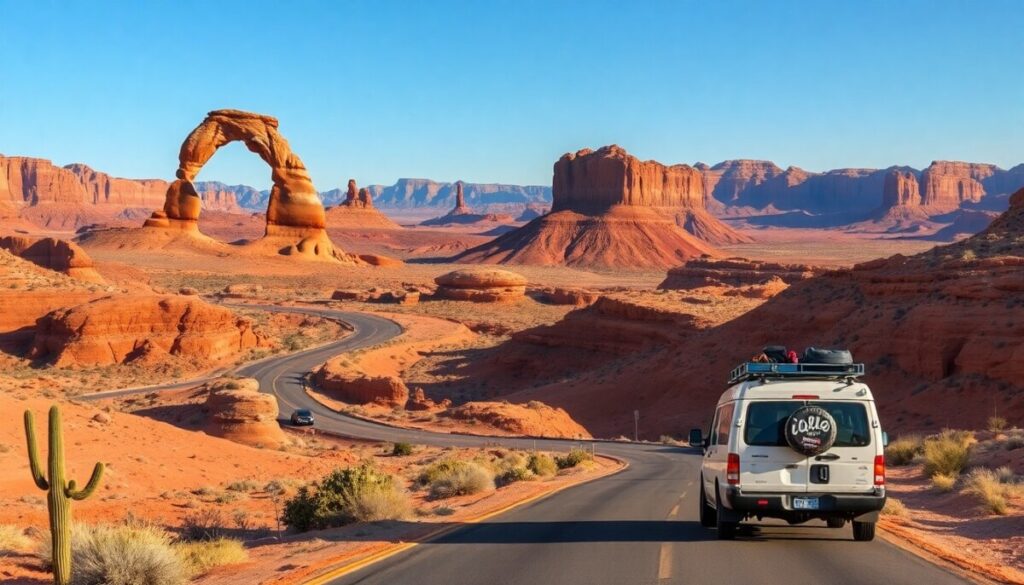 A white van drives along a winding road through the Desert Southwest with red rock formations and mesas. Delicate Arch is visible on the left. The sky is clear, and a cactus stands in the foreground, highlighting this iconic road trip scene.