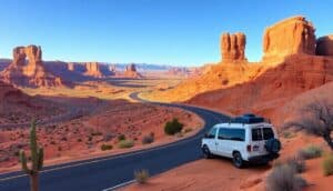 A white van with roof cargo is parked beside a winding road in the Desert Southwest, surrounded by towering red rock formations and mesas under a clear blue sky. A cactus stands nearby, sunlight casting long shadows across this iconic road trip landscape.