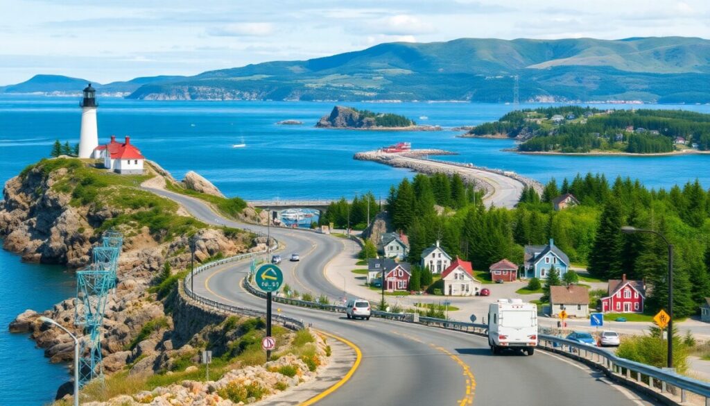 A winding coastal road, part of the scenic routes of the Canadian Maritimes, leads past colorful houses and a lighthouse on a rocky peninsula, overlooking calm blue water with forested hills as a white RV and cars drive under a sunny sky.