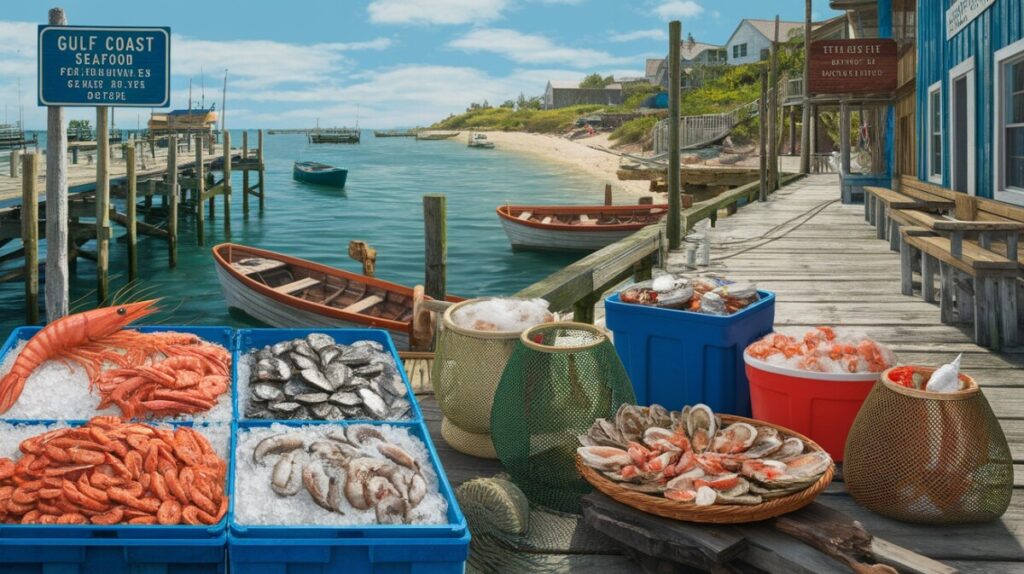 A seaside dock with crates of shrimp, oysters, and crab on ice. Baskets hold clams and shellfish. Fishing boats float nearby as signs advertise Gulf Coast Seafood—inviting you to taste the fresh flavors along this classic Seafood Trail.