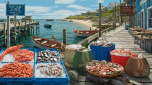A seaside dock with crates of shrimp, oysters, and crab on ice. Baskets hold clams and shellfish. Fishing boats float nearby as signs advertise Gulf Coast Seafood—inviting you to taste the fresh flavors along this classic Seafood Trail.