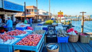 Fresh Gulf Coast seafood—shrimp, oysters, and fish—fills baskets on a wooden dock by the harbor. People browse the seafood trail near a “Gulf Coast Call” sign, with boats and waterfront buildings under a clear blue sky in the background.