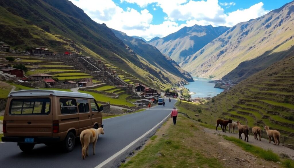 A brown van embarks on a road trip through Peru’s Sacred Valley, winding past terraced hills and a river. A person walks ahead as llamas or alpacas graze by the roadside, with small houses scattered under a bright, partly cloudy sky.