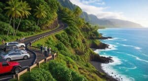 Tourists stand by parked cars at a Kauai Coastal Highway scenic viewpoint, photographing lush green cliffs, palm trees, a winding road, and the blue ocean with waves crashing onto rocky black beaches under a bright, clear sky.