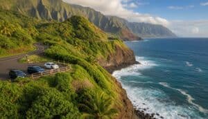 A winding coastal road, part of the Kauai Coastal Highway in the USA, hugs lush green cliffs above the ocean. Four cars are parked at scenic viewpoints with a wooden fence. Waves crash below as jagged mountains rise under a blue sky with scattered clouds.