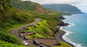 A winding Kauai Coastal Highway curves along a lush mountainside beside the ocean. Cars are parked at scenic viewpoints as people admire dramatic cliffs, palm trees, and turquoise sea. Misty USA mountains rise in the background under a cloudy sky.