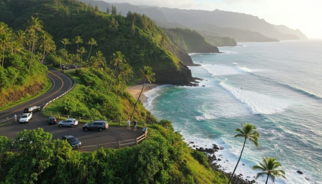 A scenic coastal road, the Kauai Coastal Highway in the USA, curves along lush green cliffs beside a blue ocean. Several cars are parked at scenic viewpoints as people admire the view, with misty mountains rising in the background.