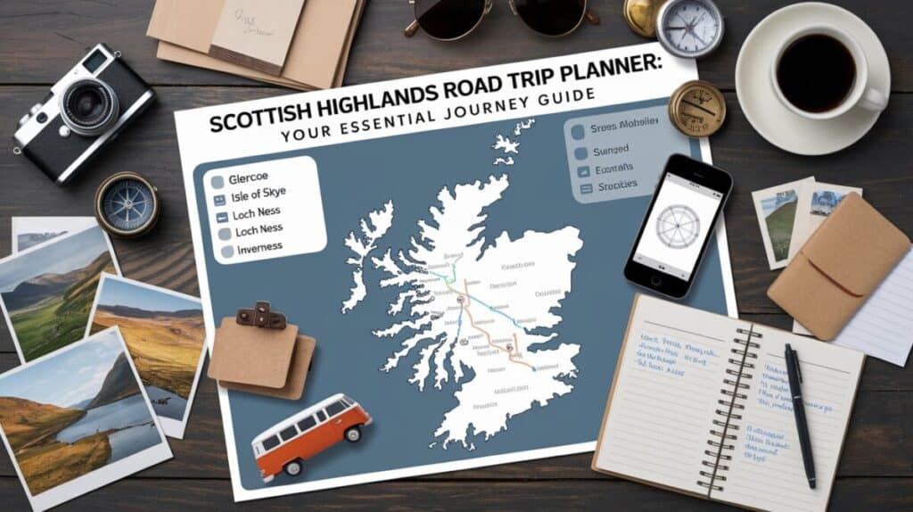 A Scottish Highlands road trip planner map lies on a table with key stops marked. Surrounding the Trip Planner are a camera, polaroid landscape photos, a toy van, a notebook with handwritten notes, a smartphone, coffee, and travel accessories.
