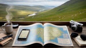 A table overlooks rolling green hills and a river valley dotted with sheep. On it are a Road Trip Planner, smartphone, vintage camera, steaming coffee, compass, notebook with pen, and glasses—suggesting travel planning in the Scottish Highlands.