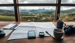 A map, smartphone, compass, notepad, pens, coffee cups, and camera rest on a wooden table by a window overlooking a winding road through the green fields and distant mountains of the Scottish Highlands—a perfect scene for any road trip planner.