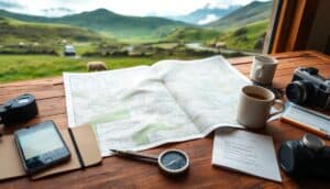 A wooden table by a window holds an open map, coffee cups, a compass, and a notepad—a perfect road trip journey guide. Lush green hills and grazing sheep outside evoke the charm of planning an adventure in the Scottish Highlands.