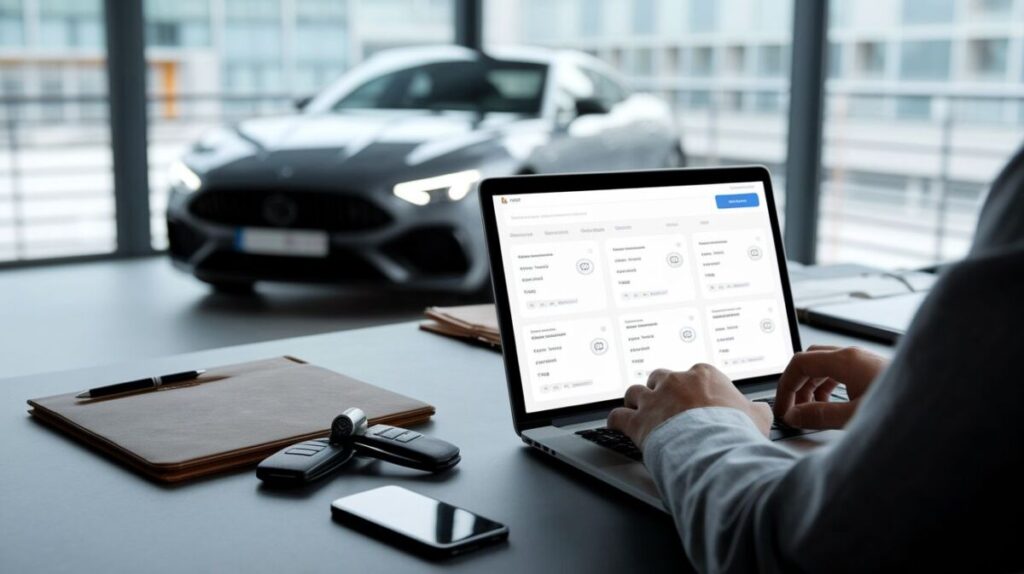 A person uses a laptop on a desk, exploring car rental options with book online features. Car keys, a clipboard, and smartphone lie nearby. A luxury car is visible outside the modern office window.