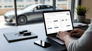 A person uses a laptop at a desk, browsing car rental options online. The desk holds a smartphone, notebook, pen, and car keys. Outside the large window is a blurred car, while a potted plant sits on the corner of the desk.