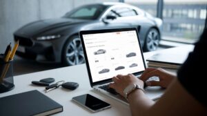 A person types on a laptop at a desk, browsing car rental options online. Car keys, a smartphone, a notebook, and a pen are scattered on the desk. Through the large window, a sleek sports car is parked indoors—a nod to book online convenience.
