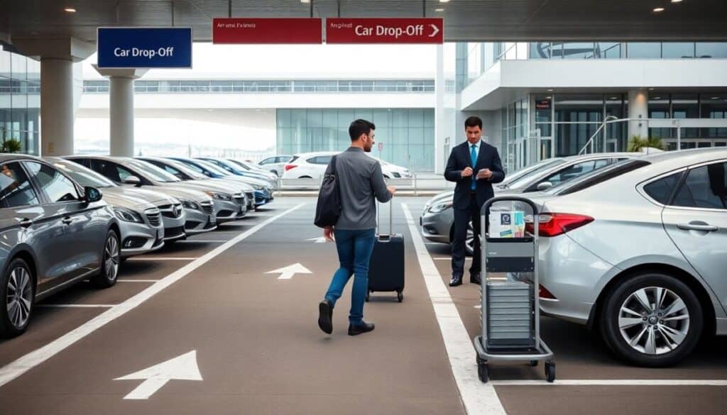 A man with a suitcase walks toward a suited attendant standing by a row of parked cars at an airport car hire drop-off zone. Signs above read “Car Drop-Off.” The area is well-lit with modern architecture in the background.