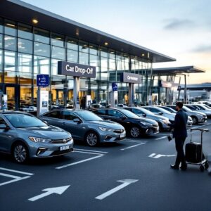 A man with a suitcase walks toward parked silver cars at the car hire drop off zone.