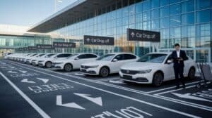 A row of white sedans is parked in designated car hire drop off spaces outside a modern glass building.