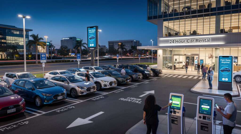 A modern car rental lot at dusk offers easy access, with rows of parked cars, touchscreen kiosks, and illuminated signs. The glass-walled “24 Hour Car Rental” building stands by palm trees and city buildings under a clear evening sky.