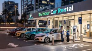 A modern 24-hour car rental storefront at dusk offers easy access to five colorful cars parked in front. Two employees assist customers at self-service kiosks, with tall buildings, palm trees, and street lights visible in the background.