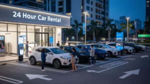 A modern 24-hour car rental office with large windows is brightly lit at dusk. Enjoy easy access as people use smartphones beside parked cars, ready for rental. Tall buildings and palm trees surround this urban, cityscape setting.
