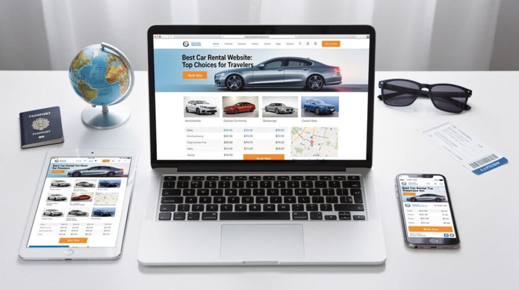 A laptop on a white desk displays the best car rental website. Nearby, a tablet and smartphone show the same site, alongside a passport, small globe, sunglasses, and boarding pass—perfect for planning your next journey.