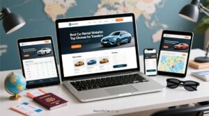 A laptop, tablet, smartphone, and monitor all display the best car rental website with images of cars and booking forms. The devices are on a desk with passports, a map, air tickets, a notebook, and lamps, suggesting travel planning.