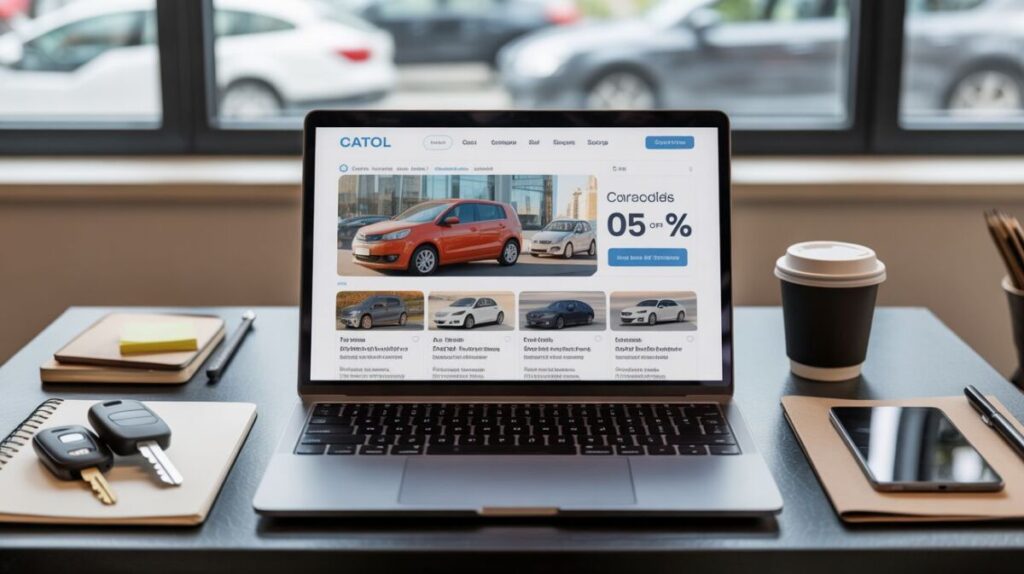 A laptop on a desk displays a car dealership website with Car Rental Discounts, images of various cars, and info panels. Car keys, a notebook, pen, takeaway coffee cup, and another closed notebook are neatly arranged. Blurred cars visible outside.