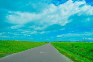 A paved, empty country road runs straight through green fields and vibrant Hokkaido Flower Fields under a bright blue sky with fluffy white clouds, stretching toward the horizon. Grass borders the road as distant trees line this scenic Flower Fields Drive.