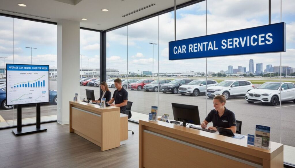 A modern car rental office with three employees at desks, working on computers. Large windows show parked cars outside and a city skyline beyond. A display screen highlights the average car rental cost per week with a bar chart and key insights.