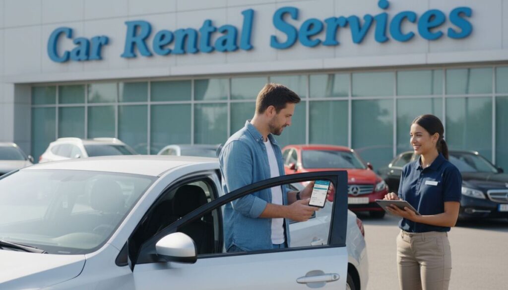 A man stands by an open car door in front of a car rental service building, holding his phone. A smiling woman in uniform holds a tablet, assisting him with his car rental extension. Several cars are parked beneath a large "Car Rental Services" sign.