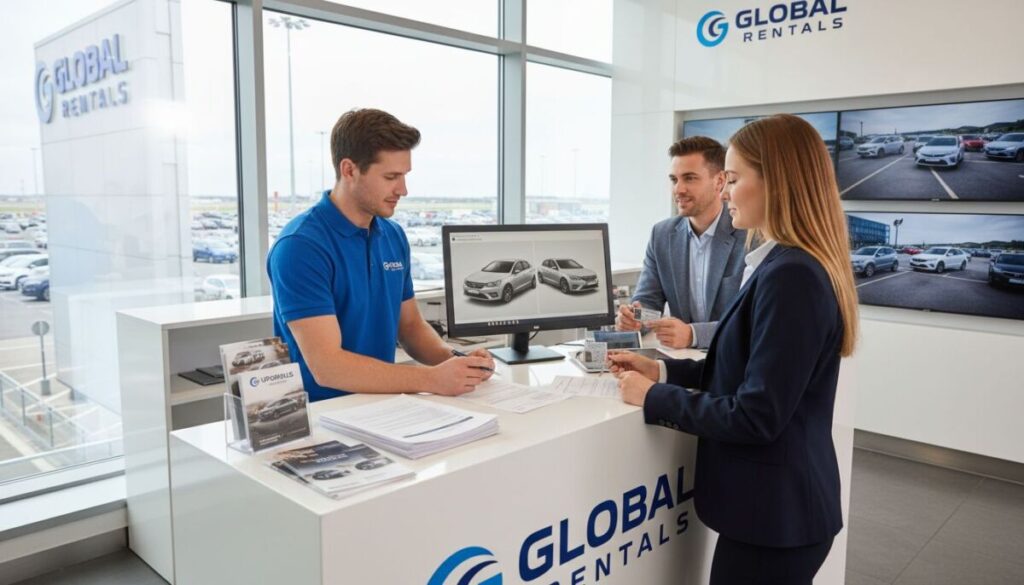 A man in a blue polo shirt stands behind a car rental counter, assisting a professionally dressed man and woman. Car brochures and a monitor with car images are on the counter, along with a helpful rental guide for customers interested in options like an additional driver. Large windows and "GLOBAL RENTALS" signs are visible in the bright office.