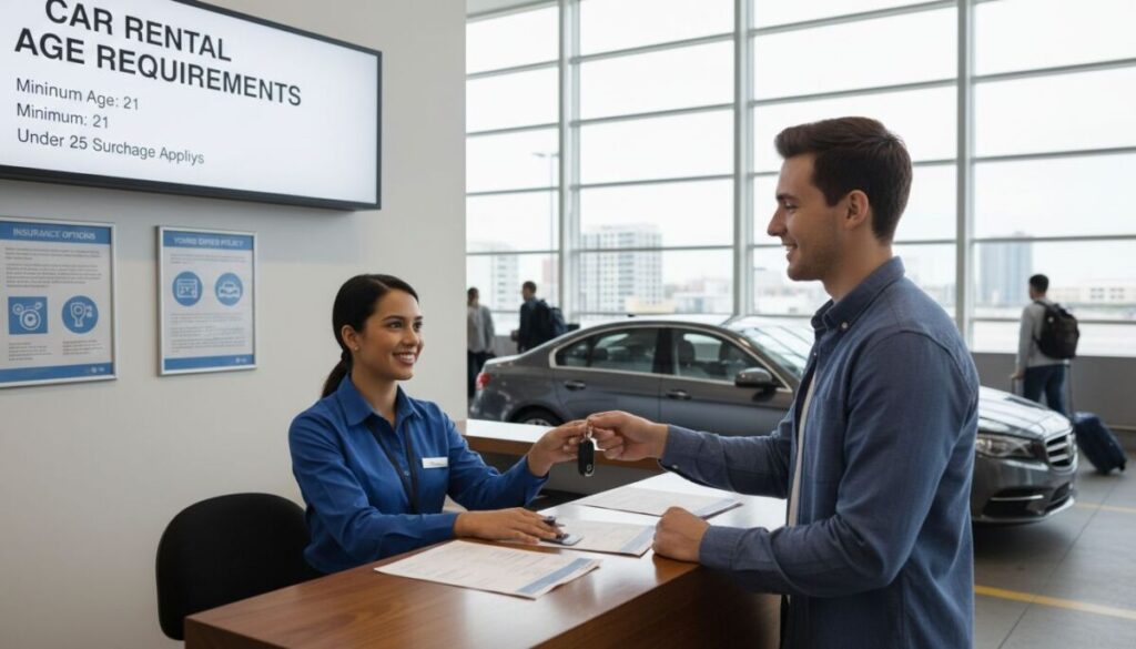 A smiling woman at a car rental counter hands car keys to a man. Behind them, parked cars are visible through a large window. A sign above the counter clearly displays car rental age requirements, with informational posters on the wall.
