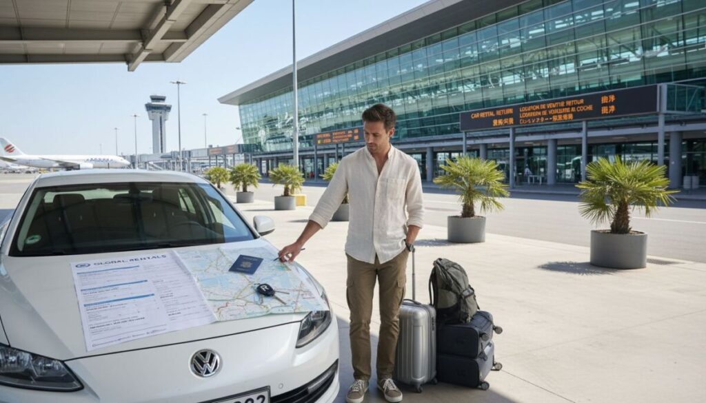 A man stands by a white rental car at an airport, touching a map and passport on the hood. He wears a light shirt and pants, with luggage and a backpack beside him—clearly prepared for renting a car overseas. The airport building, palm trees, and flight info boards are visible in the background.