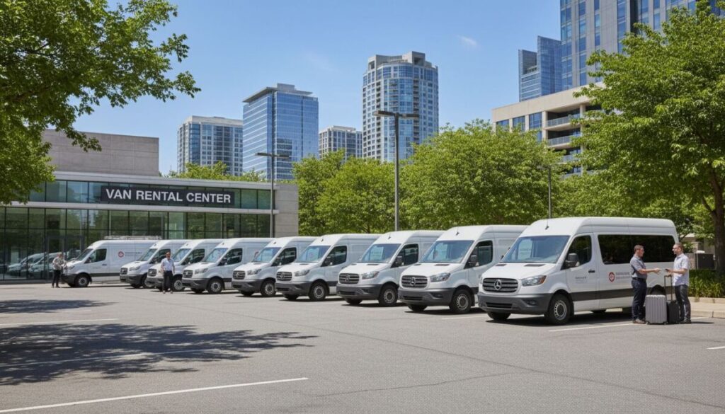 Nine white vans are parked in a row outside a modern van rental center, surrounded by trees and tall glass buildings. Three people with luggage are near the vans on a sunny day, highlighting the appeal of this convenient van rental location for travelers looking for a van rental near me.