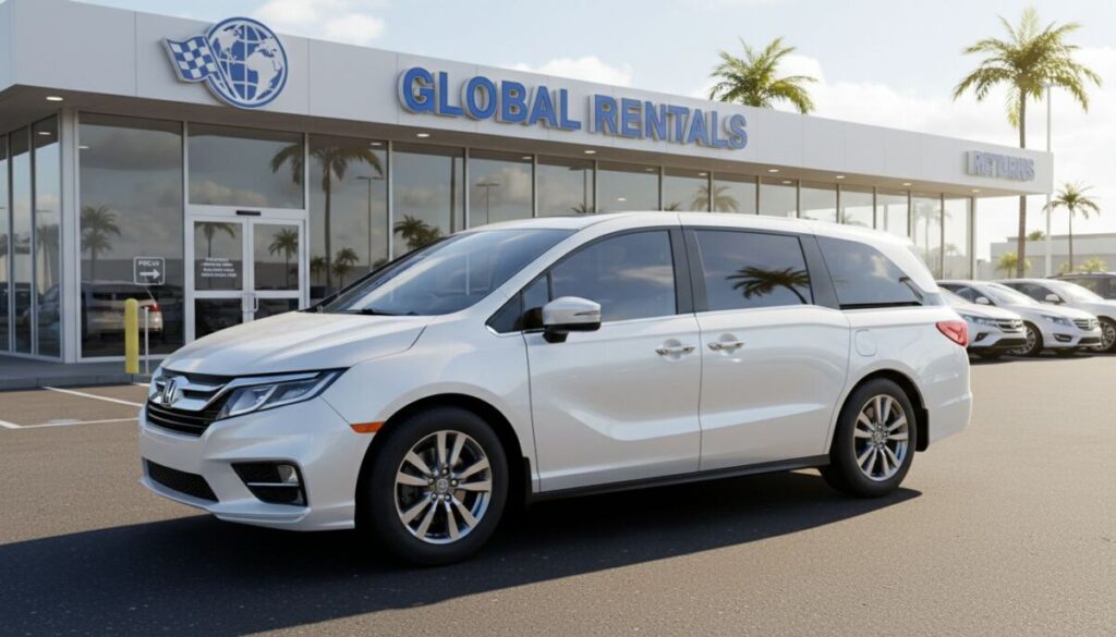 A white minivan, available for budget-friendly minivan rental, is parked in front of a modern rental office labeled “Global Rentals.” Several other cars and palm trees are visible in the lot under a sunny sky. The scene suggests a car rental business in a warm climate.