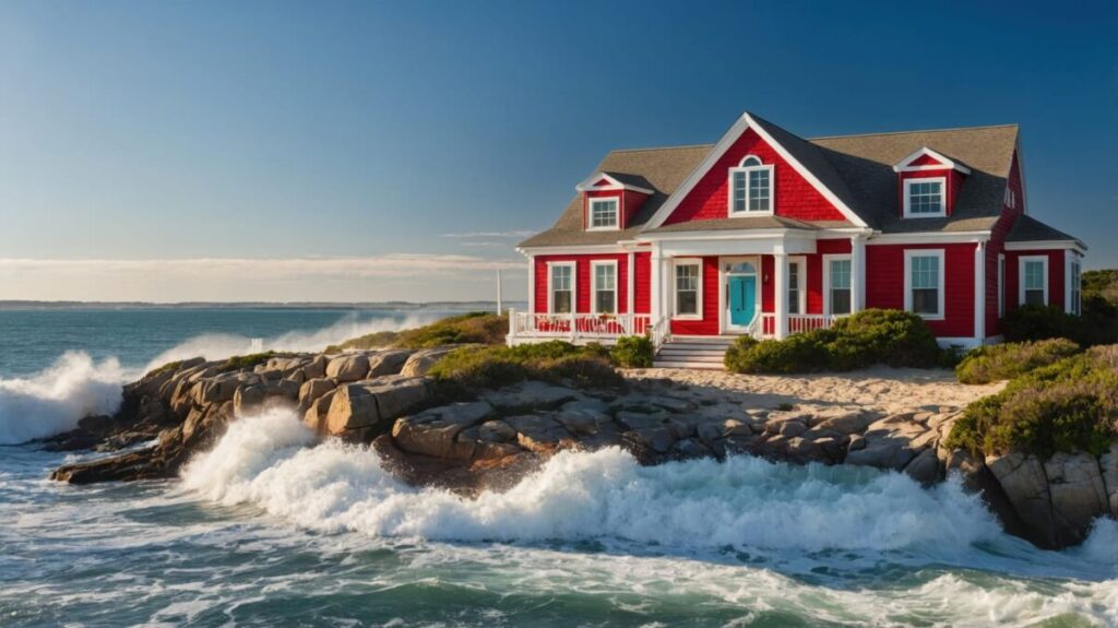 A bright red house with white trim and a blue door sits atop rocky cliffs by the ocean, reminiscent of picturesque New England coastal towns. Waves crash against the rocks, and low greenery surrounds the house. The sky is clear and blue, with sunlight illuminating the scene—an ideal stop to consider when mapping out your drive route along the coast.