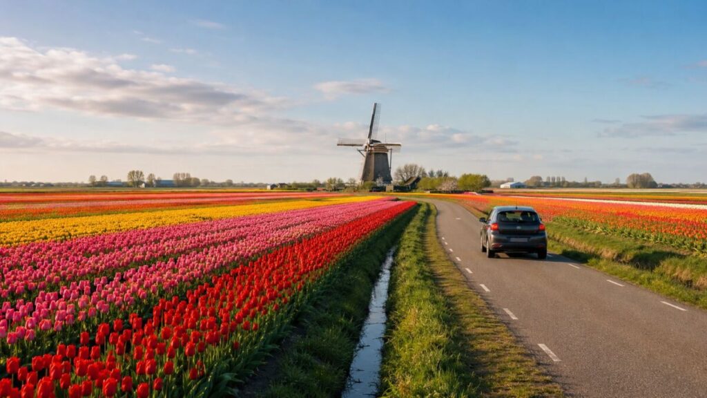 A car drives on a road beside vibrant fields of red, pink, yellow, and orange tulips along the famous Tulip Route in Northern Holland. In the distance, there is a large traditional Dutch windmill under a blue sky with scattered clouds. The landscape is flat and lush.